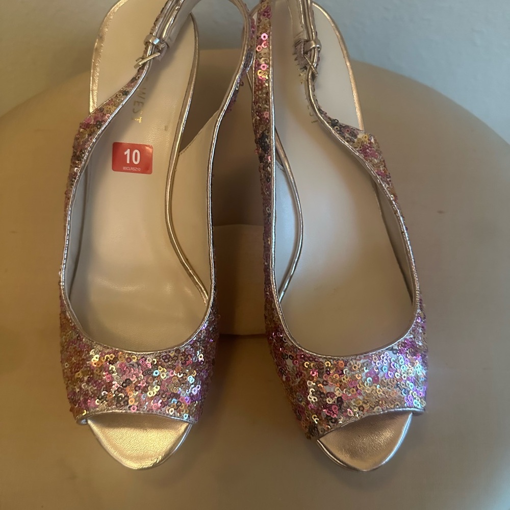NIB Nine West Sequin Open-Toe Women's Shoes - Pink and Gold